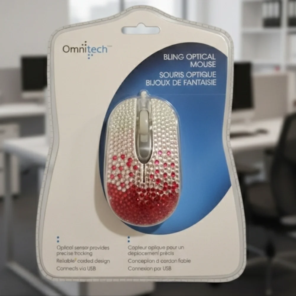 Omnitech Corded Bling Optical Pink Glitter Mouse, USB New in Sealed Wrap